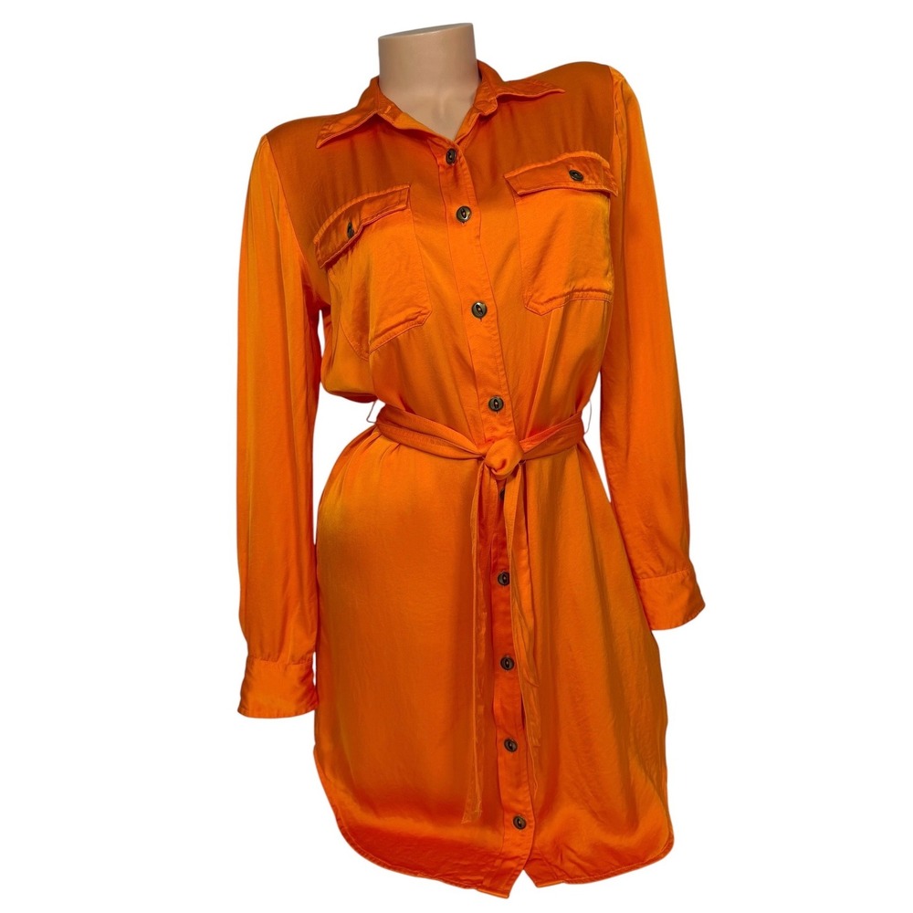 Lauren Ralph Lauren Orange Viscose Long Sleeve Belted Button Shirt Dress Size 6